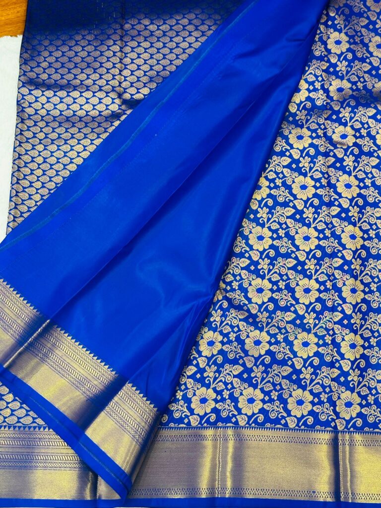 Royal Blue Bridal Kanchipuram Soft Silk Saree, Gold Floral Zari Wedding Saree, South Indian Bride Saree, Temple Wedding, Party Wear