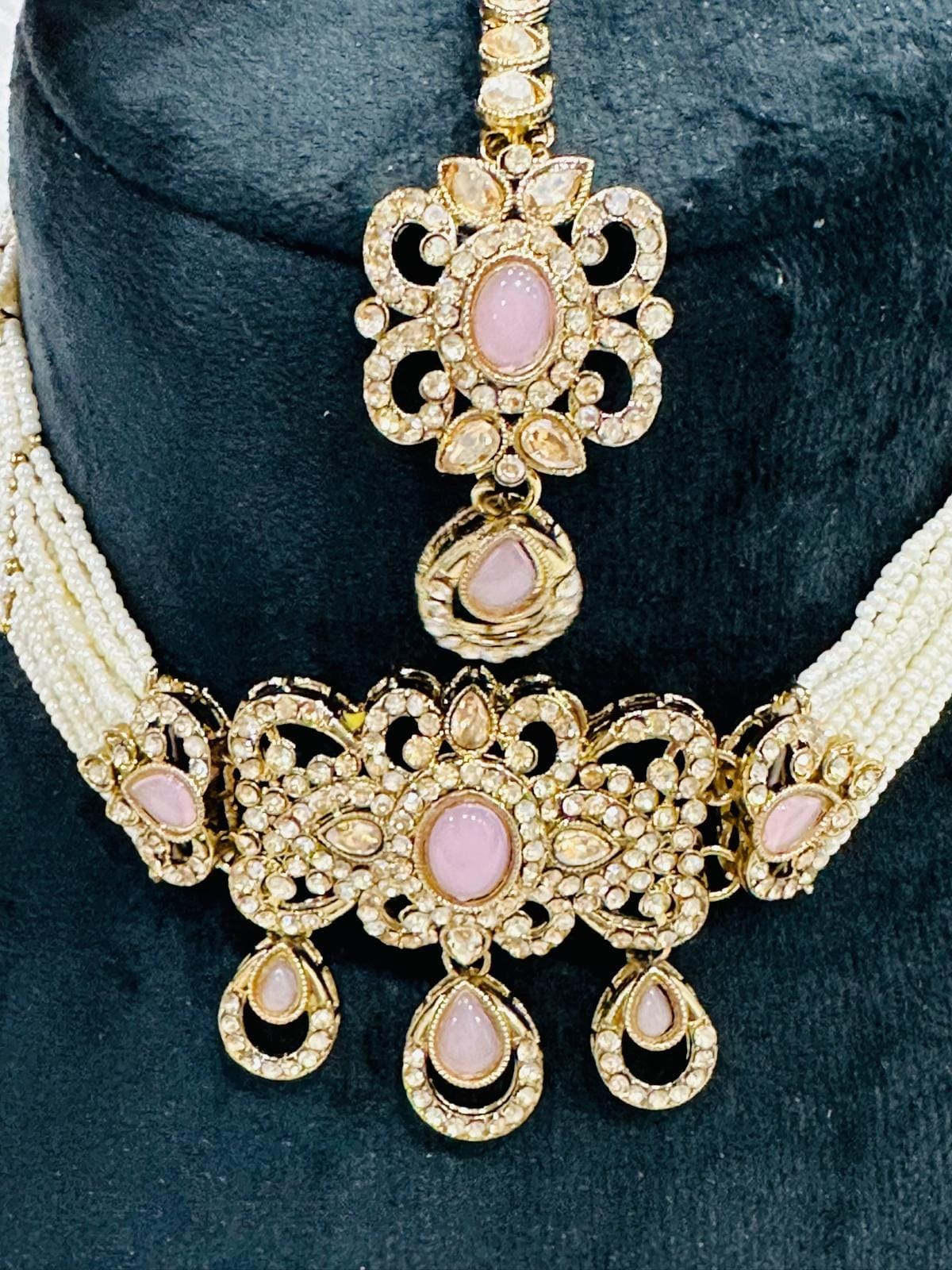 Gold Plated Kundan Jewelry Set | Pink Stone Choker Earrings Tikka • Pearl Beaded Choker - Image 5