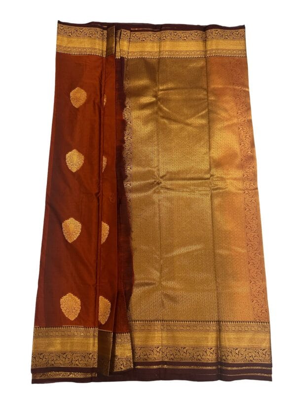 Kanchipuram Semi Silk Saree Rust Orange Coffee Brown | Traditional South Indian Silk Saree | Gold Zari Butta Wedding Saree - Image 4