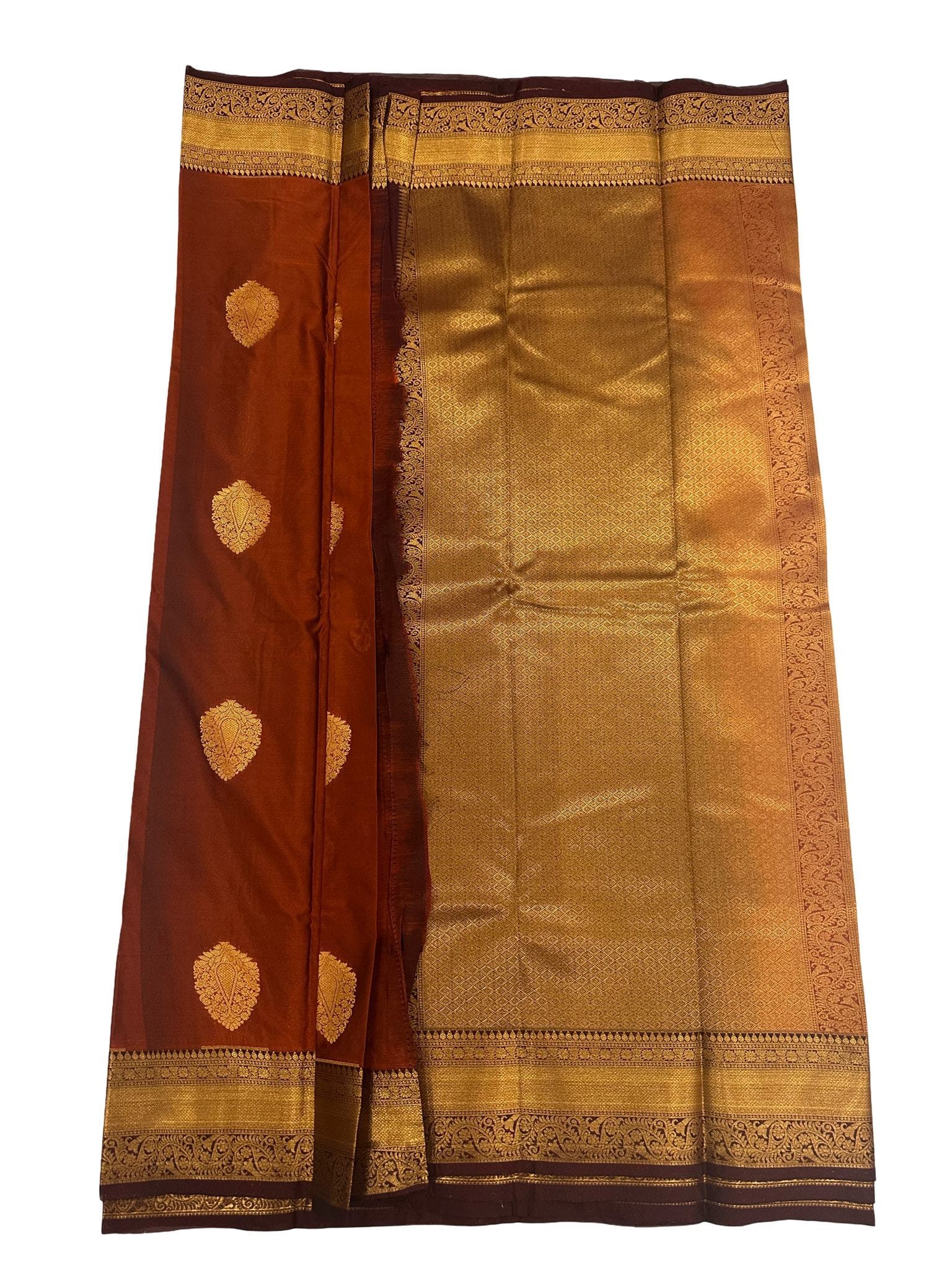 Kanchipuram Semi Silk Saree Rust Orange Coffee Brown | Traditional South Indian Silk Saree | Gold Zari Butta Wedding Saree - Image 4