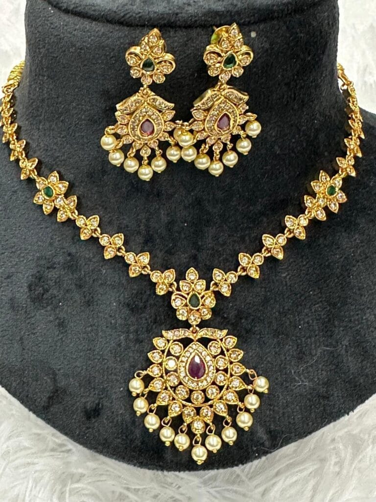 Traditional Gold Plated Ruby & Emerald CZ Necklace Set with earrings