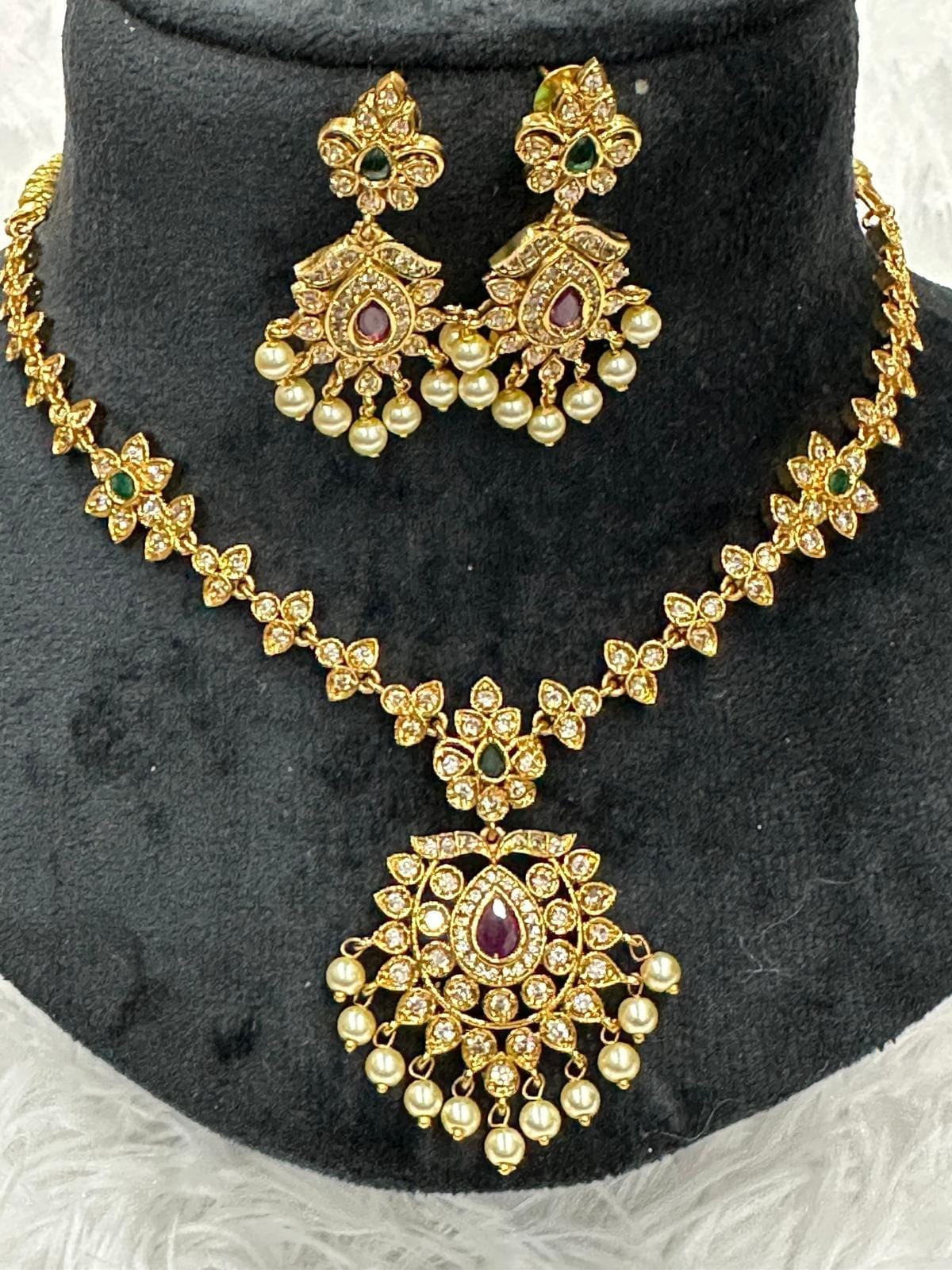 Traditional Gold Plated Ruby & Emerald CZ Necklace Set with earrings - Image 2