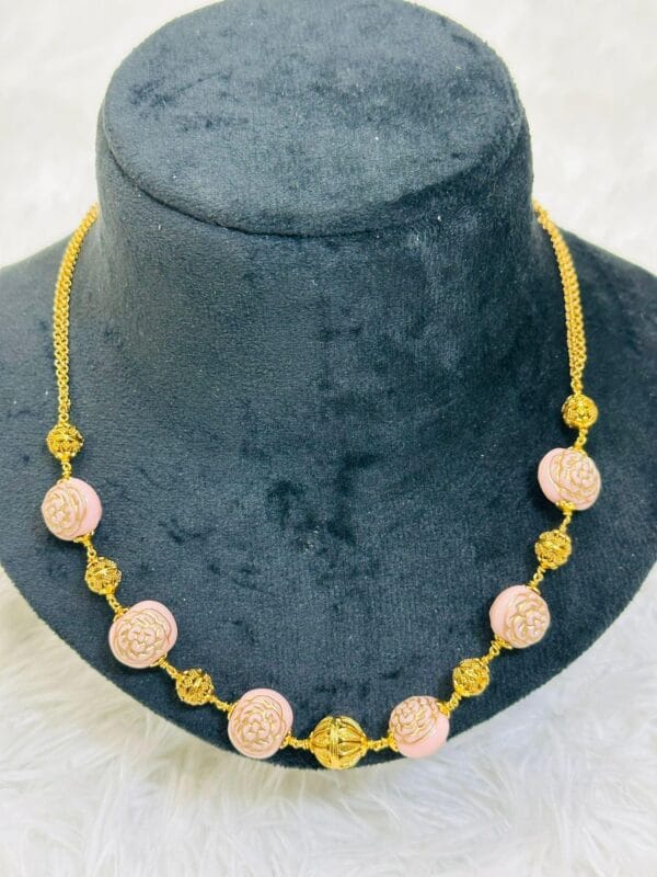 Micro Gold Plated Pink Bead Chain | Floral Carved Beads | Simple Daily Wear Jewelry