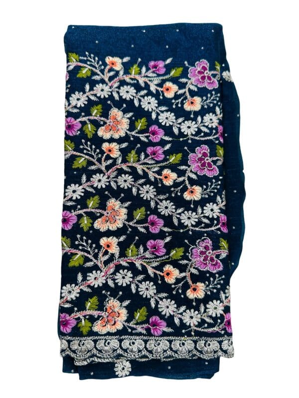 Navy Blue Space Silk Saree with Unstitched Blouse | Floral Embroidery | Designer Party Wear - Image 4