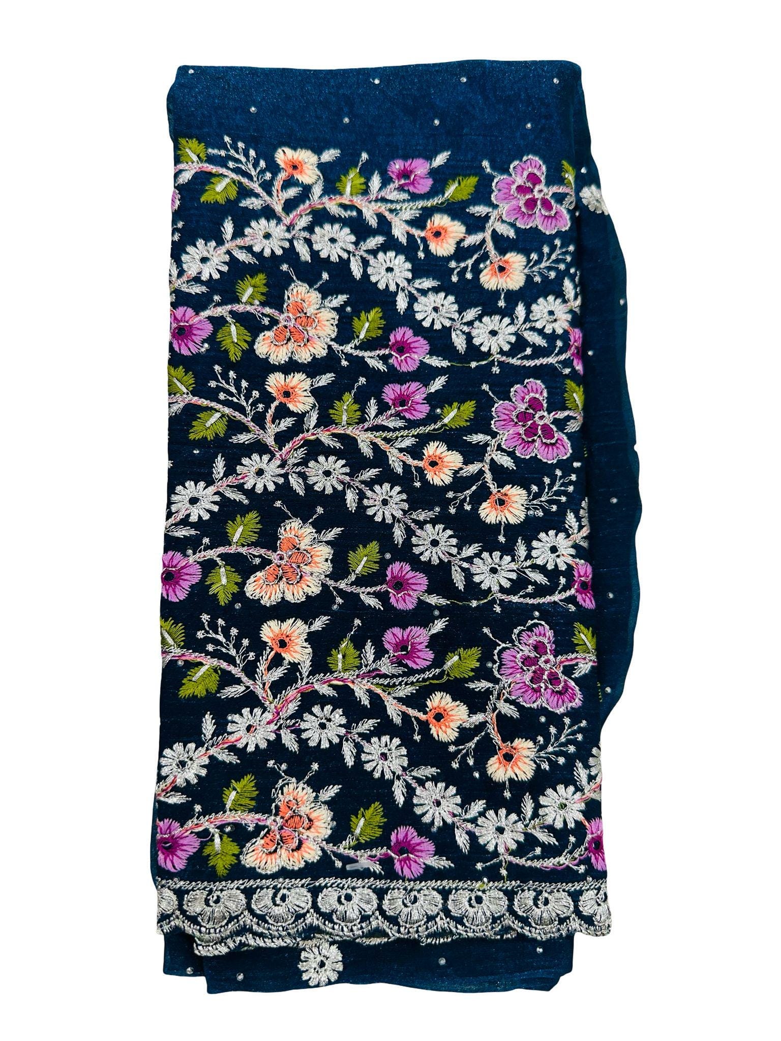 Navy Blue Space Silk Saree with Unstitched Blouse | Floral Embroidery | Designer Party Wear - Image 4