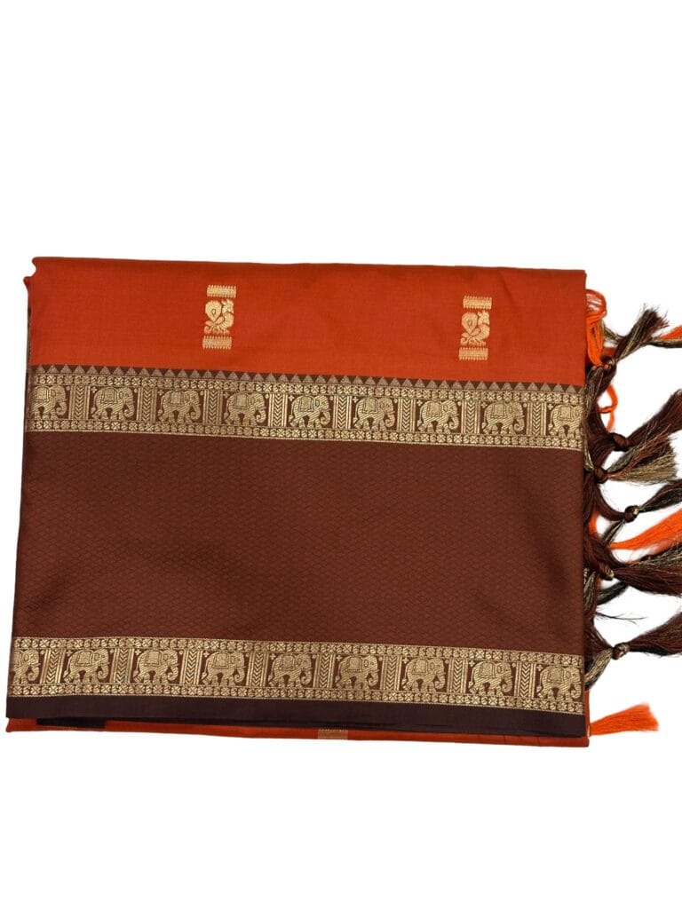 Gadwal Silk Saree Rust Orange Brown | Traditional Temple Border Silk Saree | South Indian Wedding Saree | Elephant Zari Border Saree