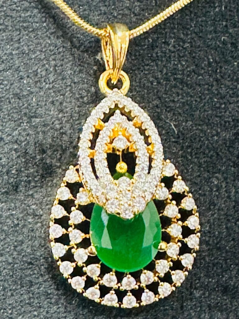 Green Stone Pendant Necklace and Earrings Set • Gold Plated CZ Jewelry • Indian Party Wear