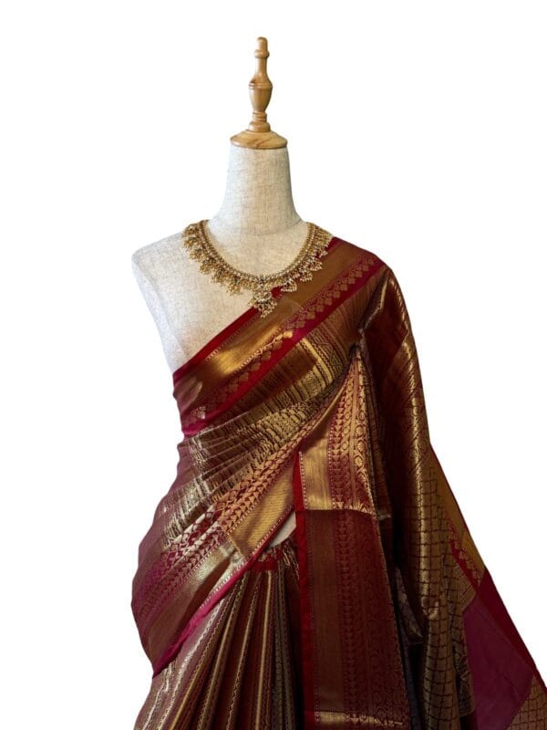 Coffee Brown Katan Silk Saree with Maroon Border, Traditional Banarasi Kathan Silk Wedding Saree, Heavy Gold Zari Bridal Saree - Image 3