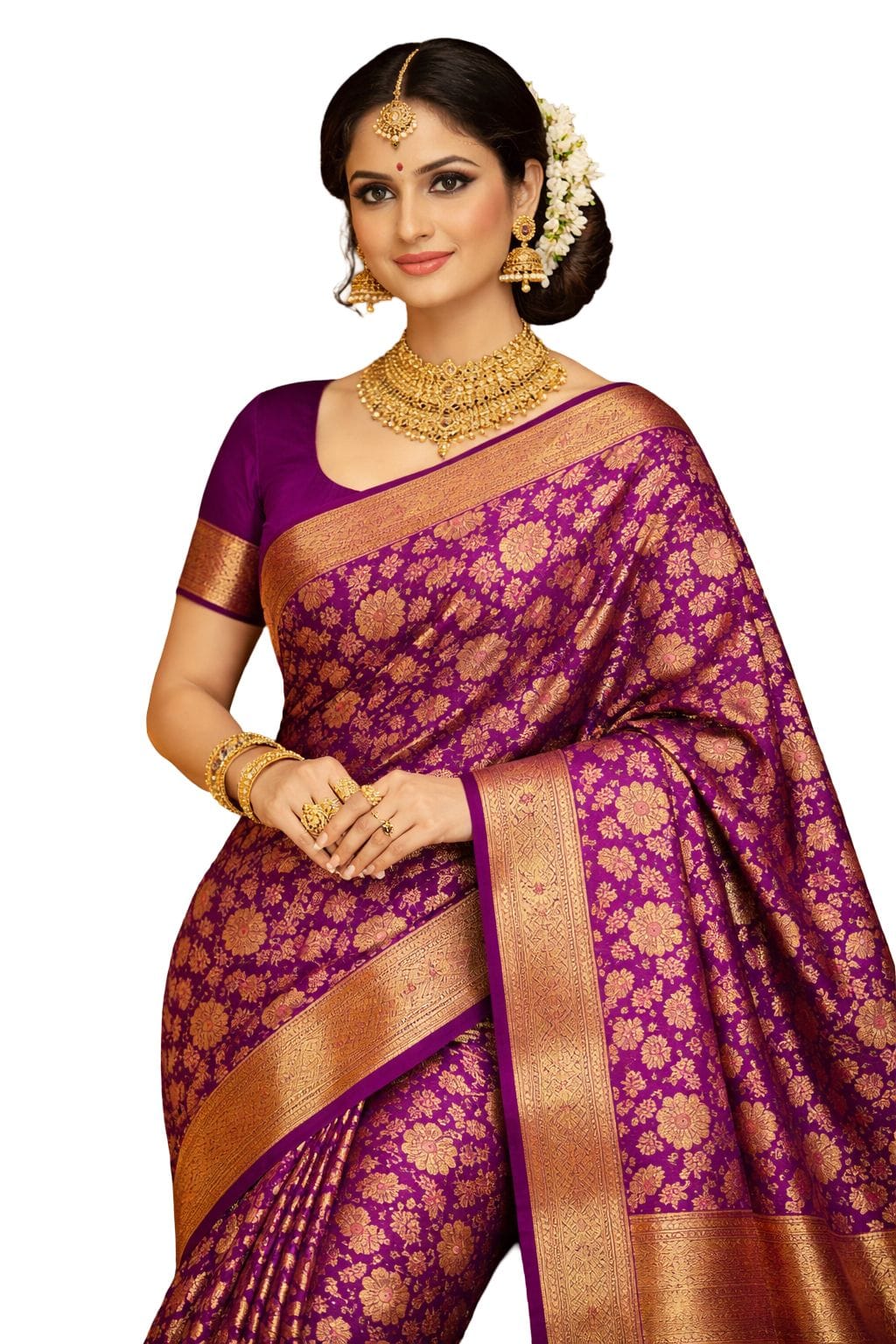 Bridal Kanchipuram Soft Silk Saree Purple Gold Zari Floral Wedding Saree Traditional Indian Silk Saree Festive Party Wear Banarasi Style - Image 1