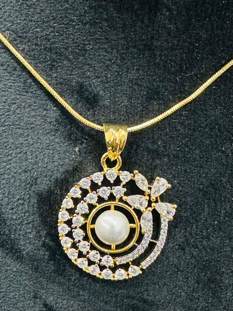Gold Plated Pearl Pendant Set • CZ Stud Earrings • Elegant Bridal Jewelry Set • Party Wear