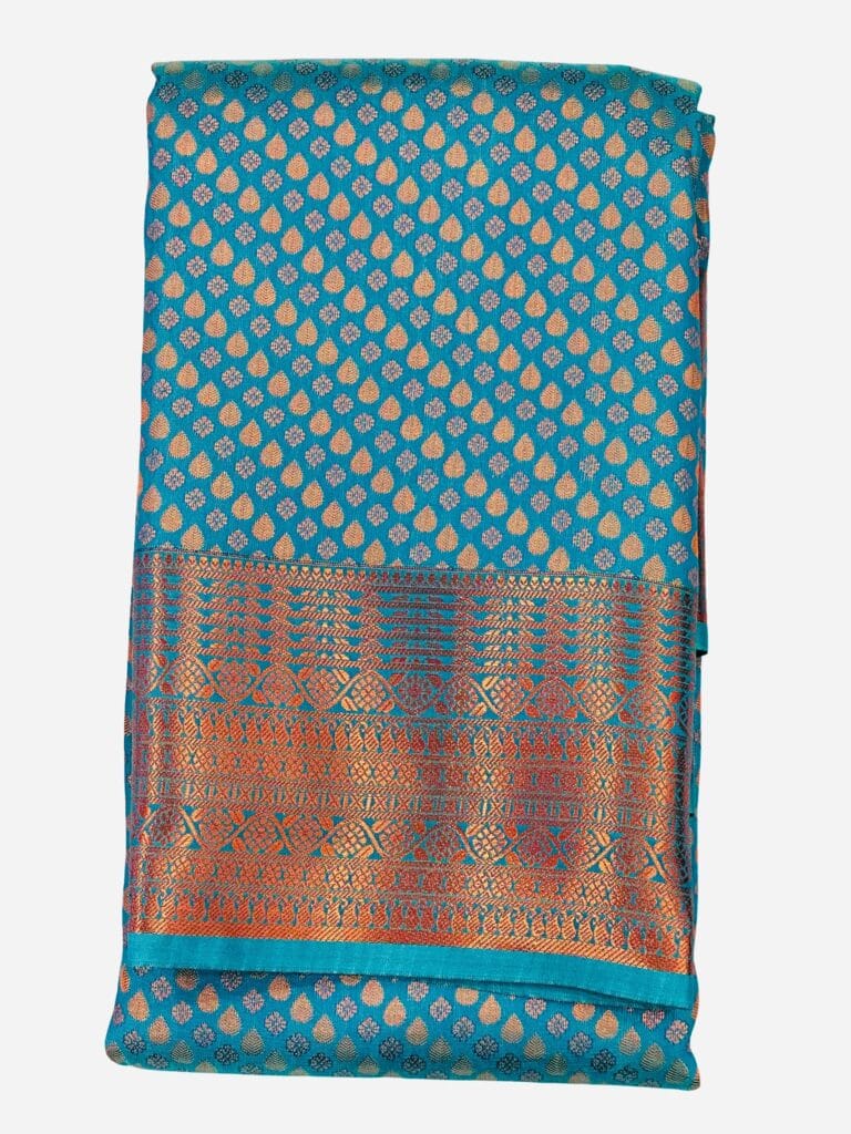 Bridal Kanchipuram Soft Silk Saree Ramar Blue, Copper Zari Wedding Saree, Rain Drop Butta Traditional South Indian Bridal