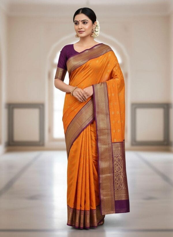 Kanjiveram Semi Silk Saree | Orange & Purple with Zari Border