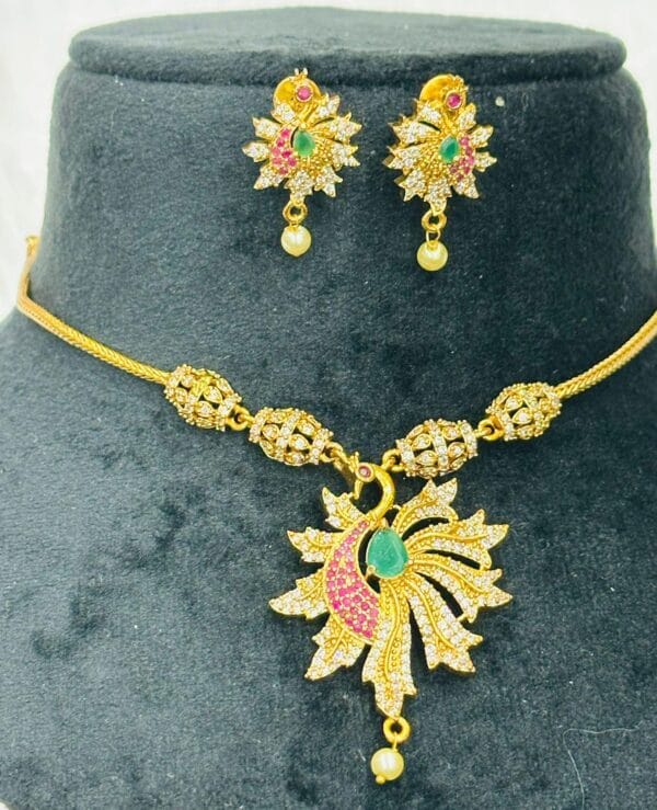 Peacock Necklace with Earrings , Ruby & Emerald Imitation set, Party Wear Pearl Drop Necklace - Image 2