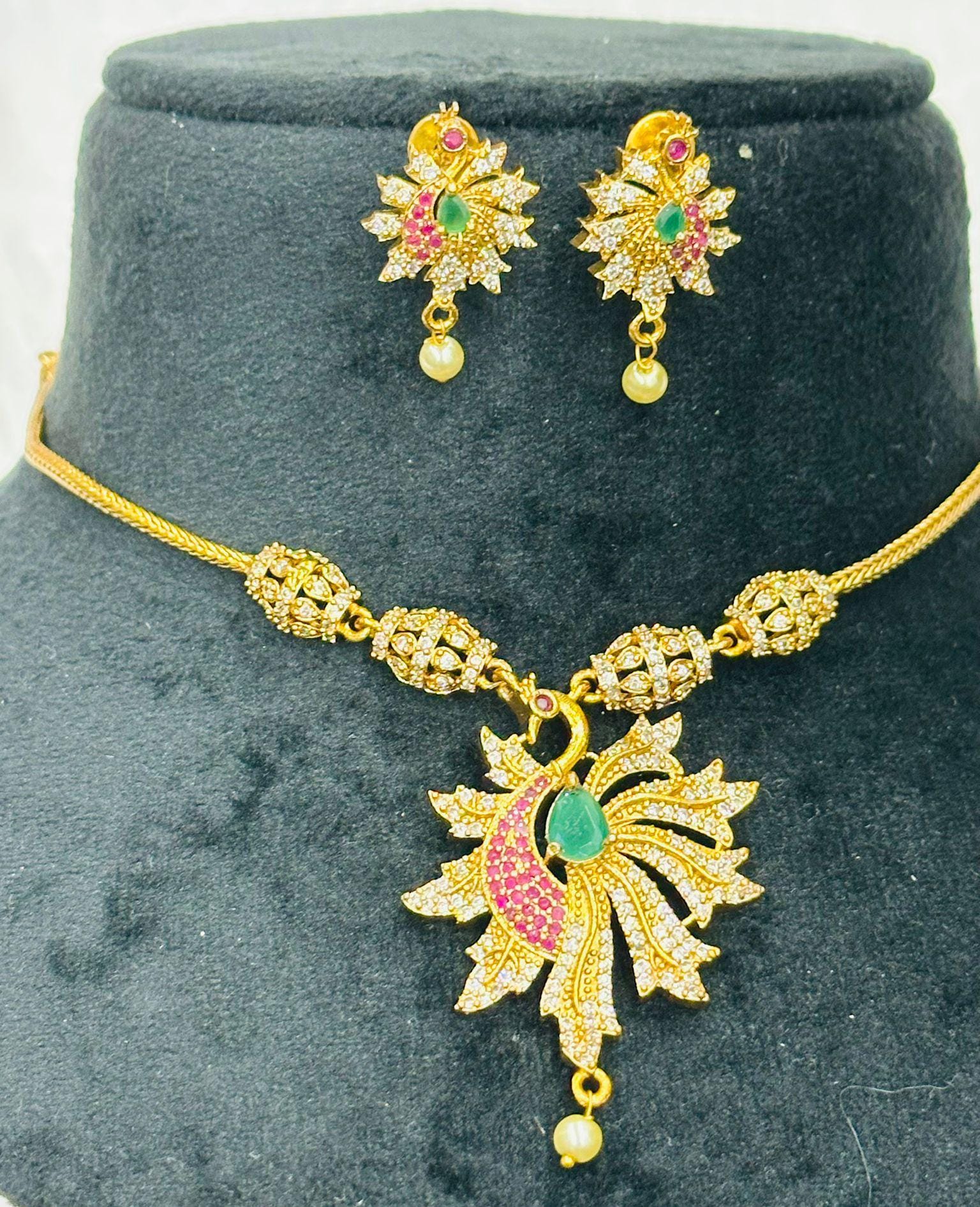 Peacock Necklace with Earrings , Ruby & Emerald Imitation set, Party Wear Pearl Drop Necklace - Image 2