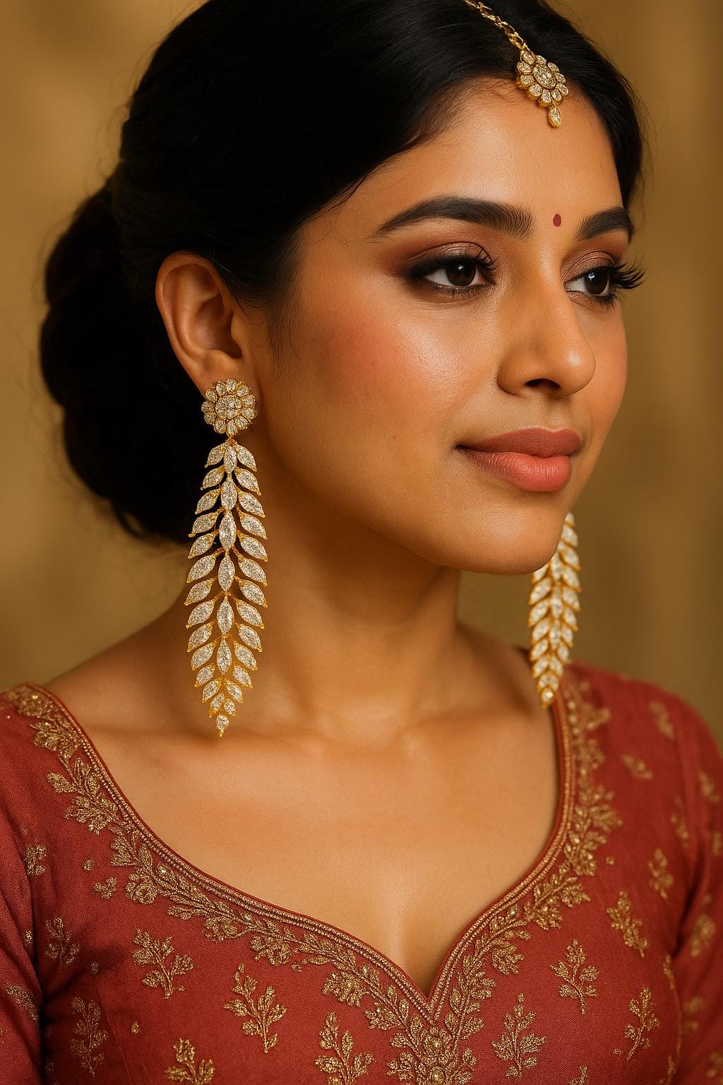 CZ Diamond Leaf Drop Earrings, Long Gold Plated Dangle Jewelry - Image 2