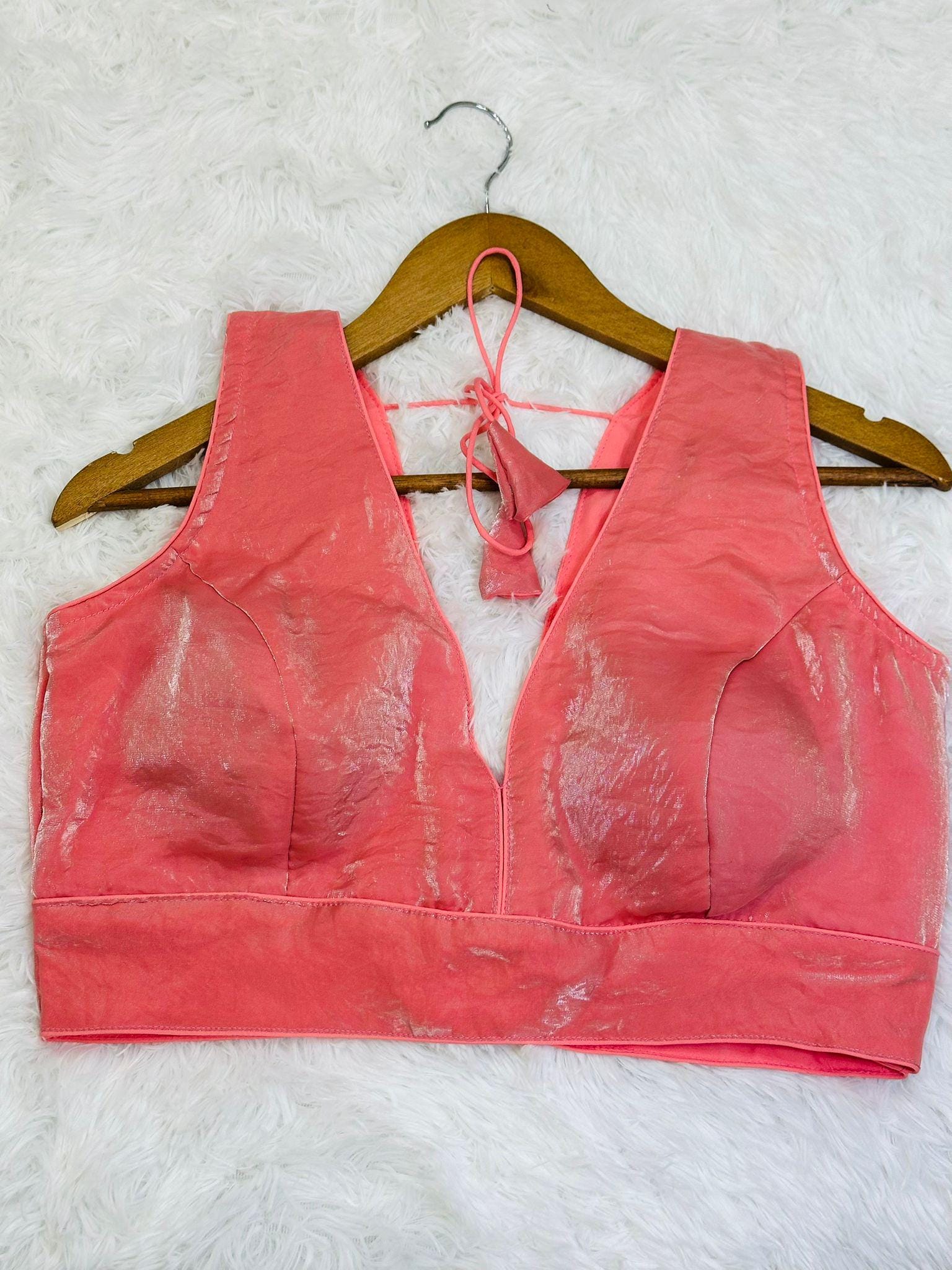 Coral Pink Shimmer Saree Blouse | Sleeved, Party Wear - Image 1