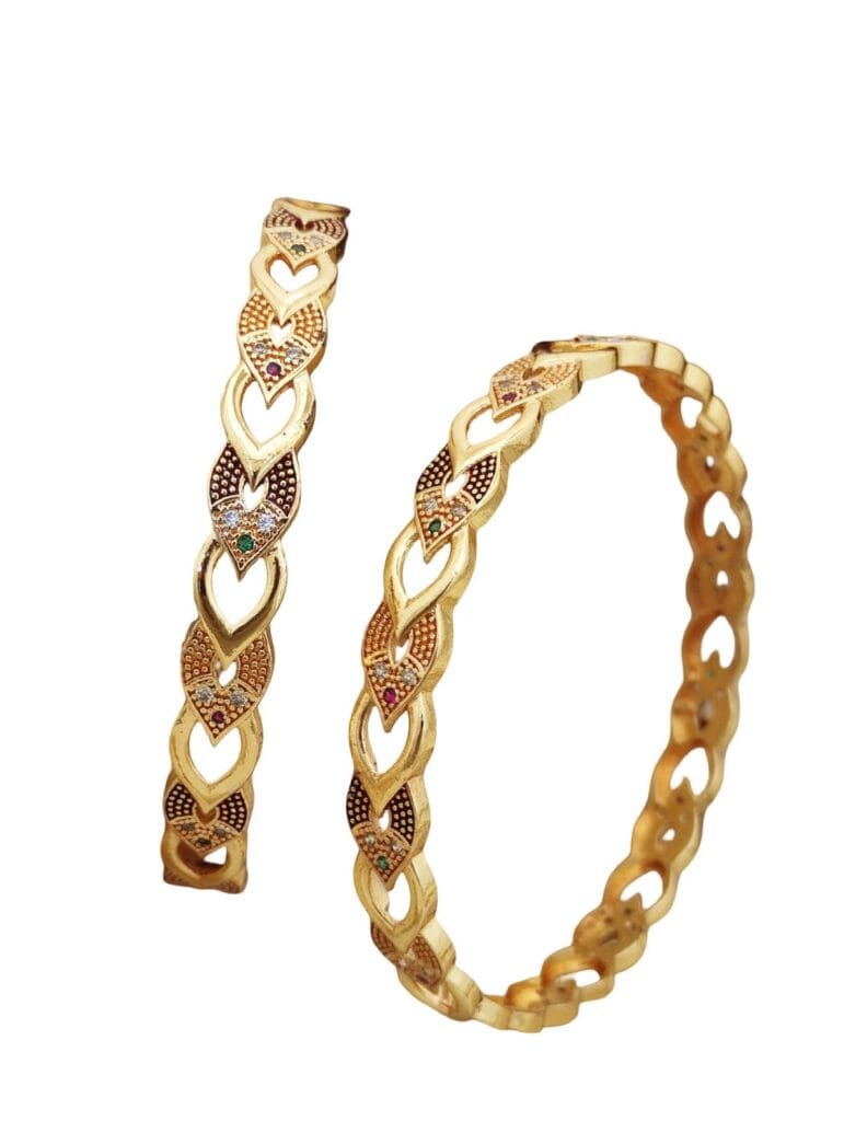 Modern micro plated Gold Look Heart Design Bangle Bracelet, Stone Studded Link | Size 24