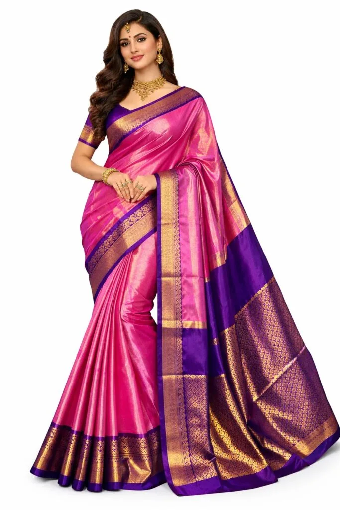 Pink Katan Silk Saree with Purple Border, Banarasi Katan Silk Bridal Saree, Gold Zari Wedding Saree, Traditional Indian Silk Sari Gift