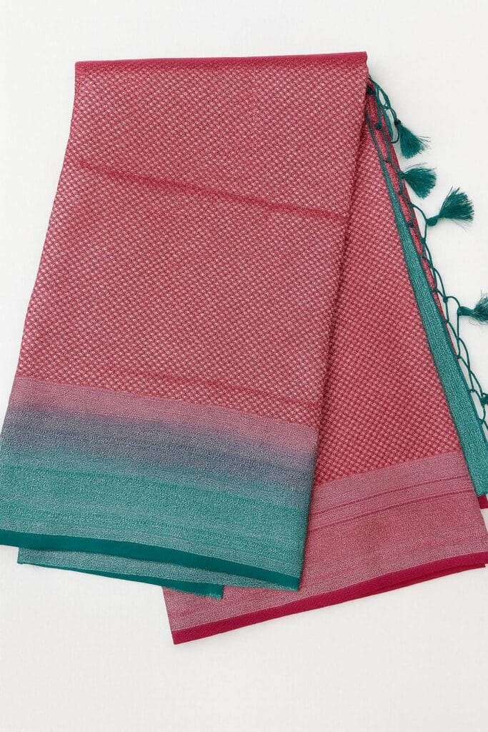 Red & Teal soft Silk Saree | Zari Weave, Tassel Pallu
