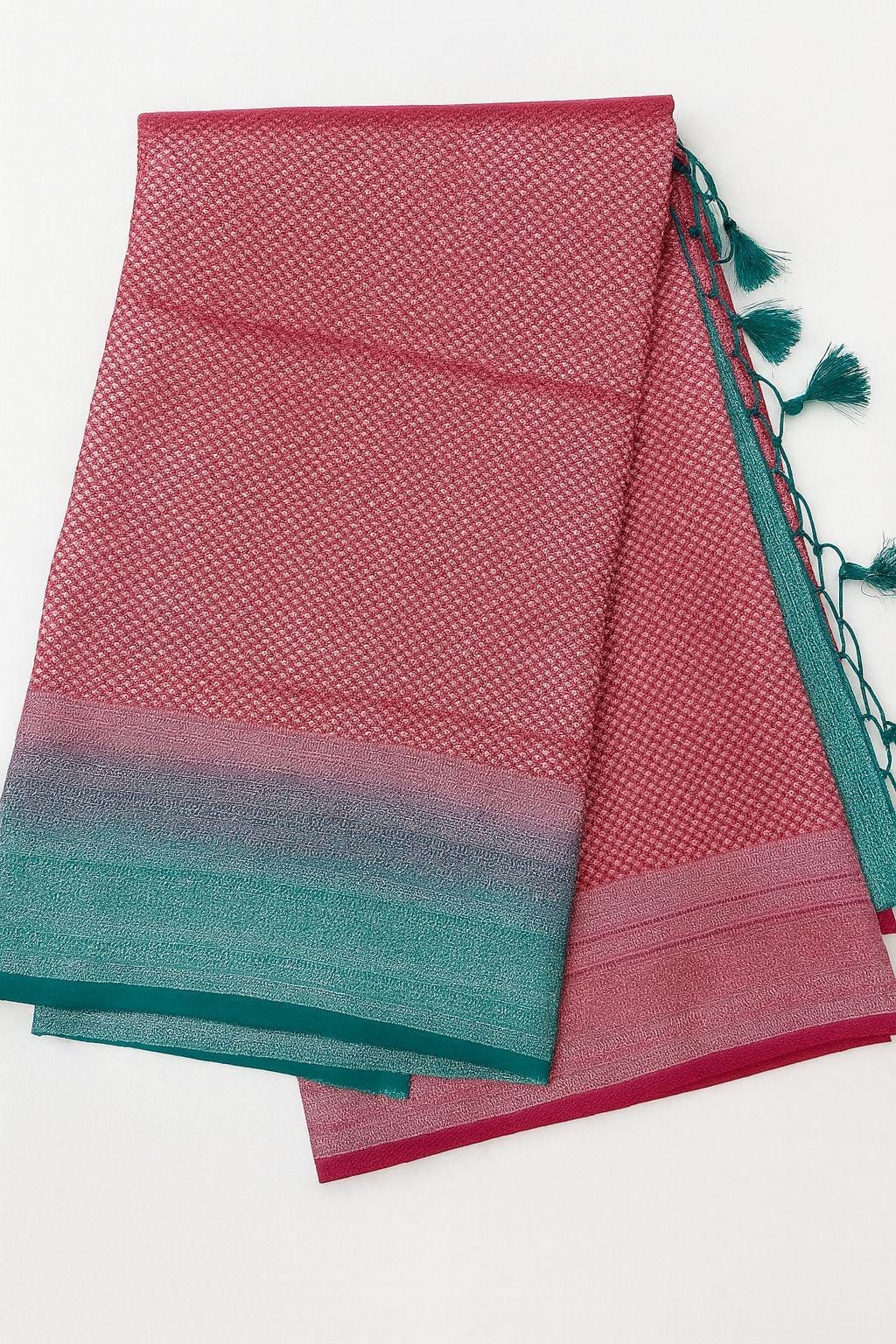 Red & Teal soft Silk Saree | Zari Weave, Tassel Pallu - Image 2