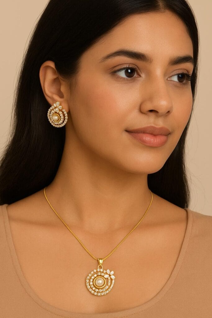 Gold Plated Pearl Pendant Set • CZ Stud Earrings • Elegant Bridal Jewelry Set • Party Wear