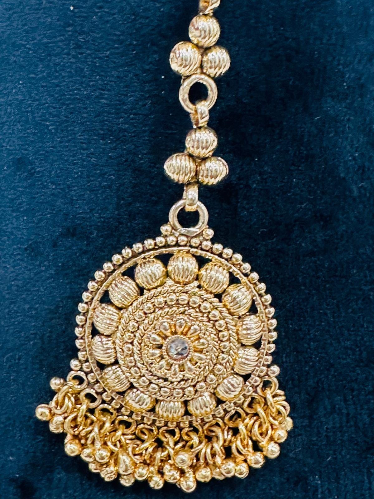 Bridal Gold Plated Choker Set • Temple Jewelry Jhumka Earrings • Maang Tikka Set for Wedding - Image 5