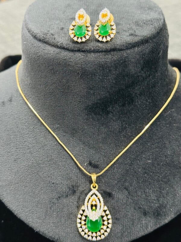 Green Stone Pendant Necklace and Earrings Set • Gold Plated CZ Jewelry • Indian Party Wear