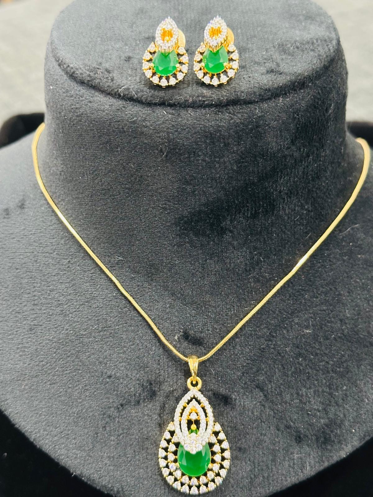 Green Stone Pendant Necklace and Earrings Set • Gold Plated CZ Jewelry • Indian Party Wear - Image 1