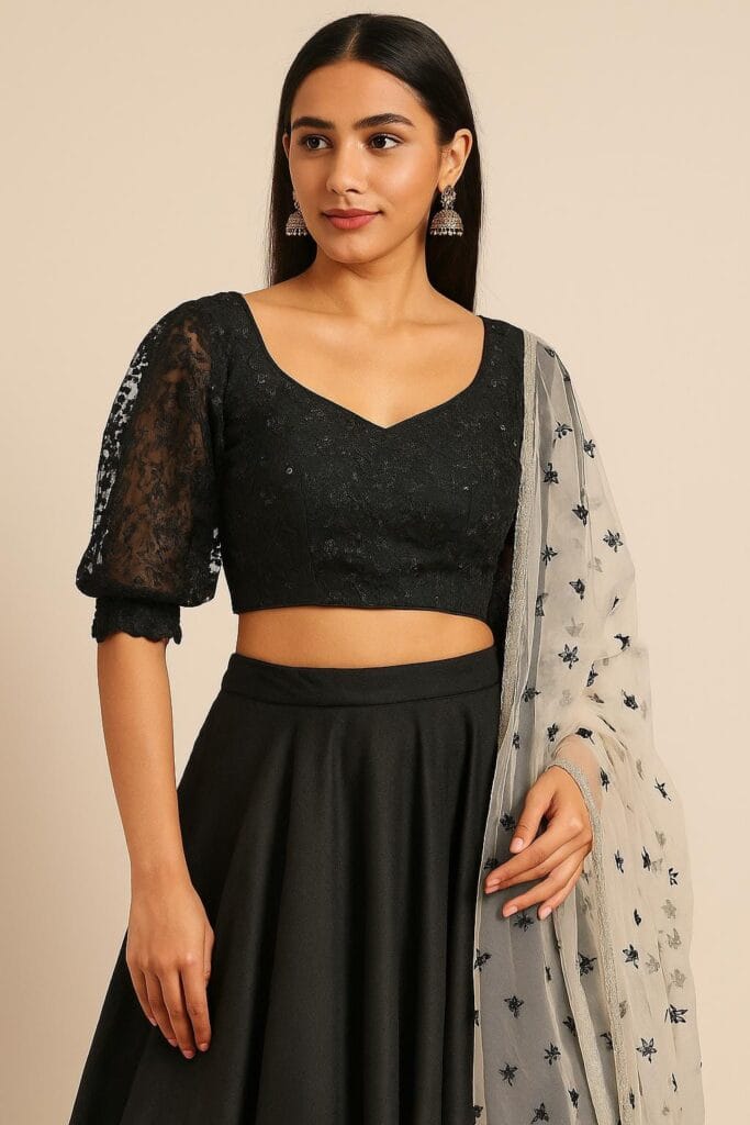 Black Sequin Embroidered Blouse | Party Lace Crop Top, Size 34