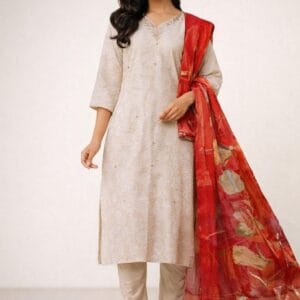 Embroidered Sandal Salwar Kameez Set XL | Orange Floral Dupatta