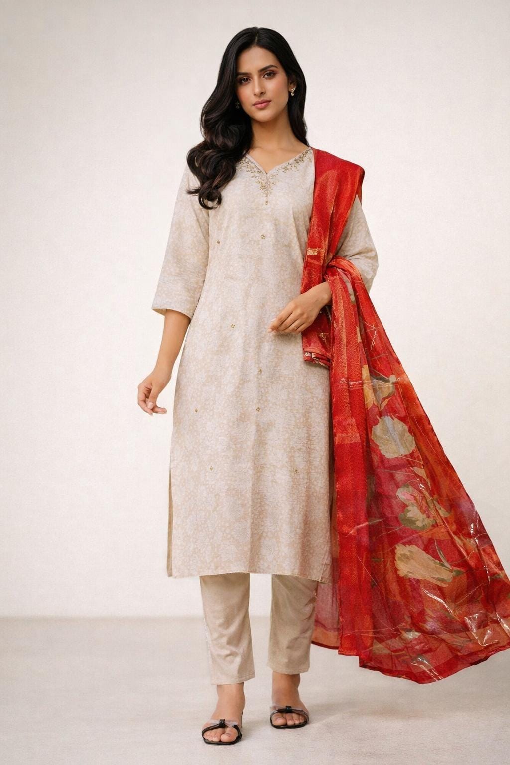 Embroidered Sandal Salwar Kameez Set XL | Orange Floral Dupatta - Image 1