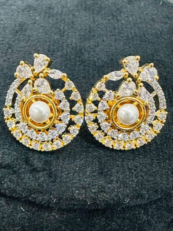 Gold Plated Pearl Pendant Set • CZ Stud Earrings • Elegant Bridal Jewelry Set • Party Wear - Image 3