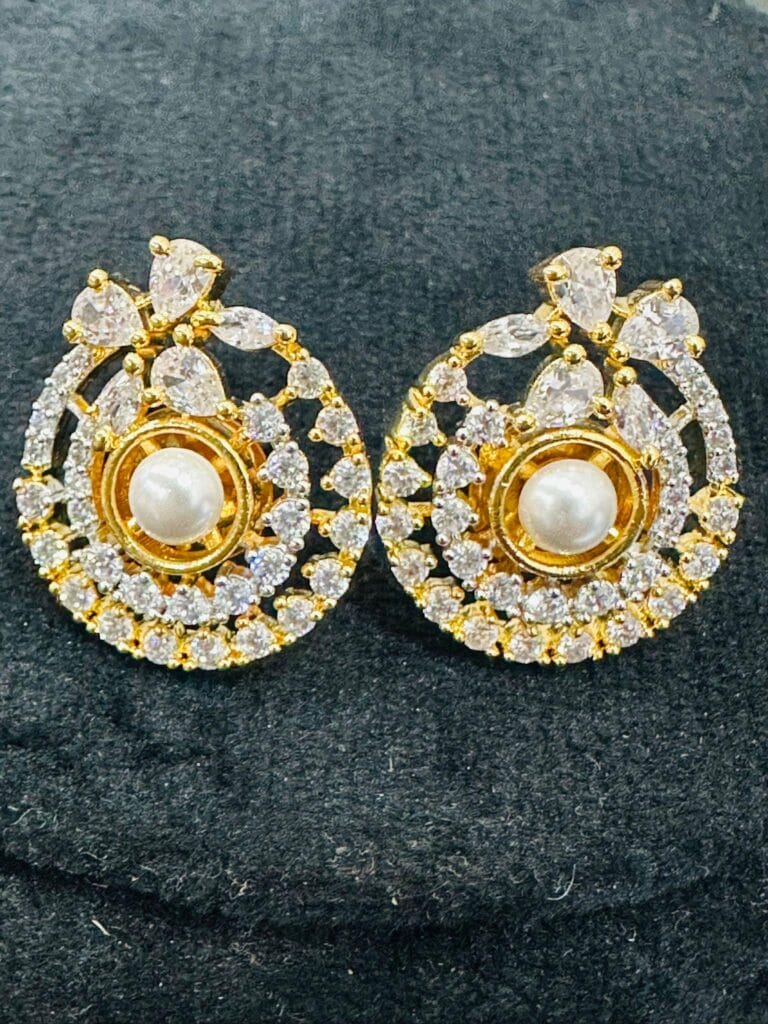 Gold Plated Pearl Pendant Set • CZ Stud Earrings • Elegant Bridal Jewelry Set • Party Wear