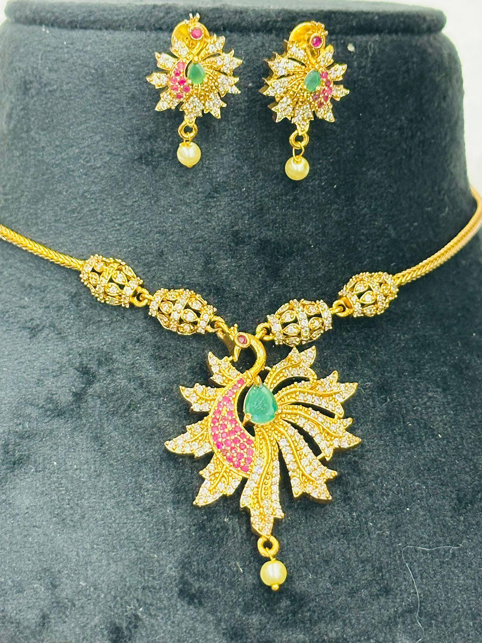 Peacock Necklace with Earrings , Ruby & Emerald Imitation set, Party Wear Pearl Drop Necklace - Image 1