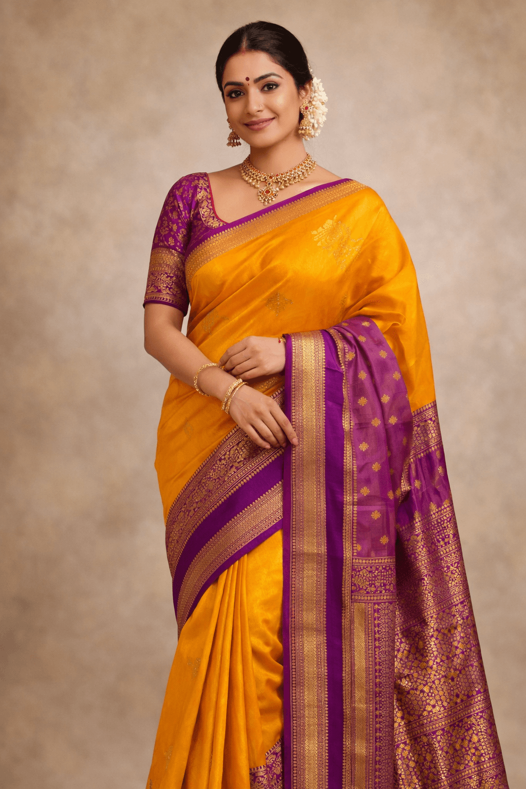 Gadwal Silk Saree Yellow Purple | Traditional South Indian Handloom Saree | Gold Zari Border Bridal Festive Wear - Image 1