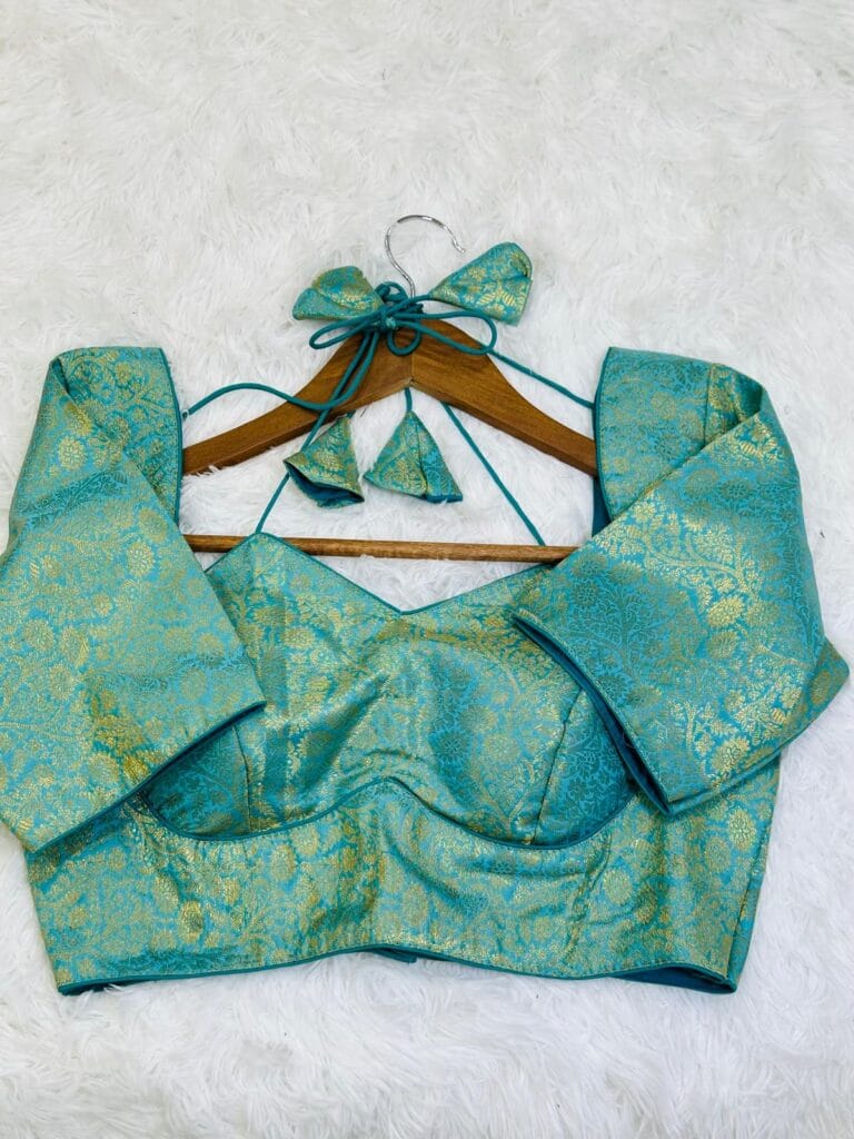 Teal Blue Banarasi Brocade readymade Blouse | Padded Blouse for saree (Size 34)