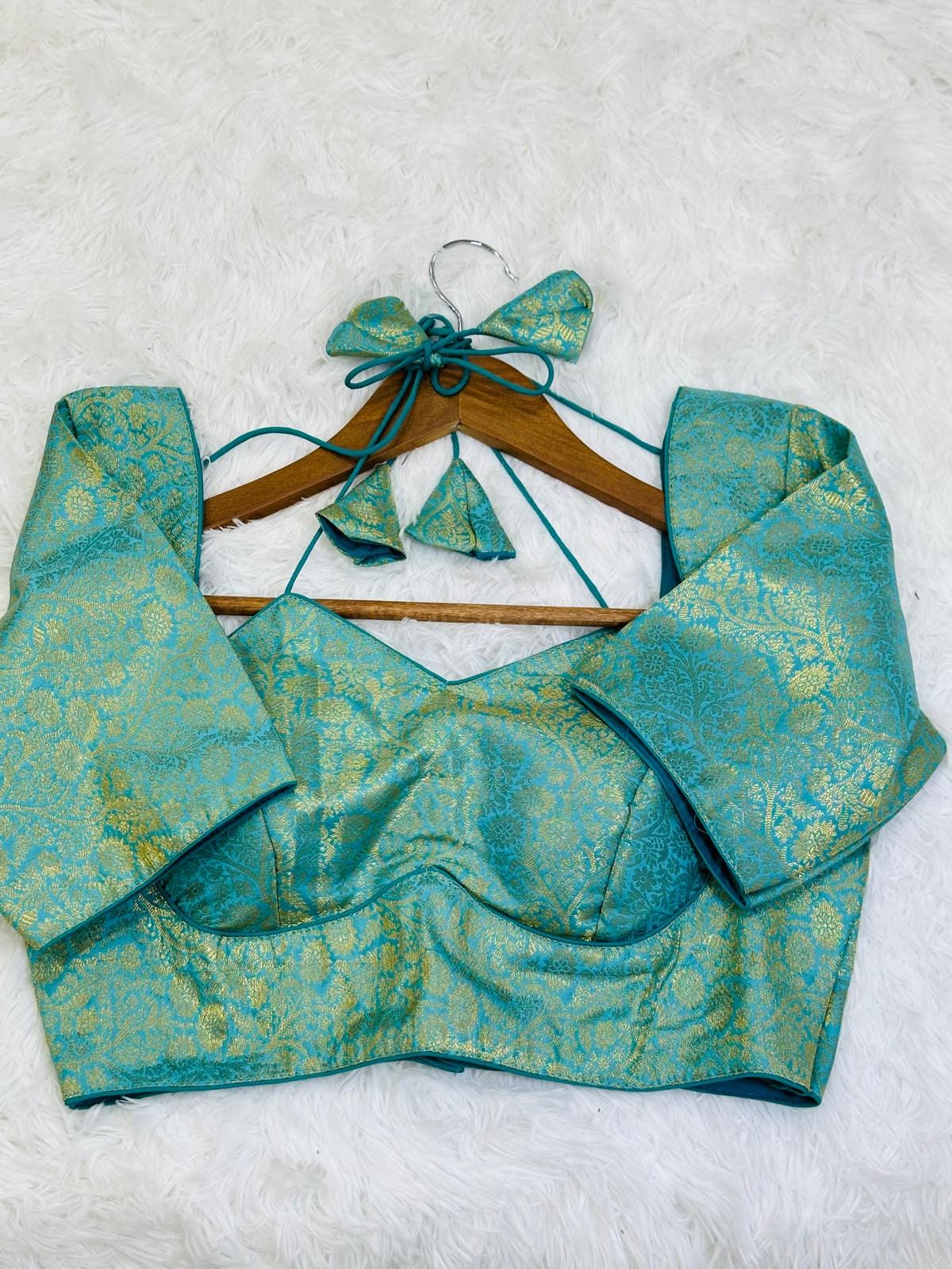 Teal Blue Banarasi Brocade readymade Blouse | Padded Blouse for saree (Size 34) - Image 3