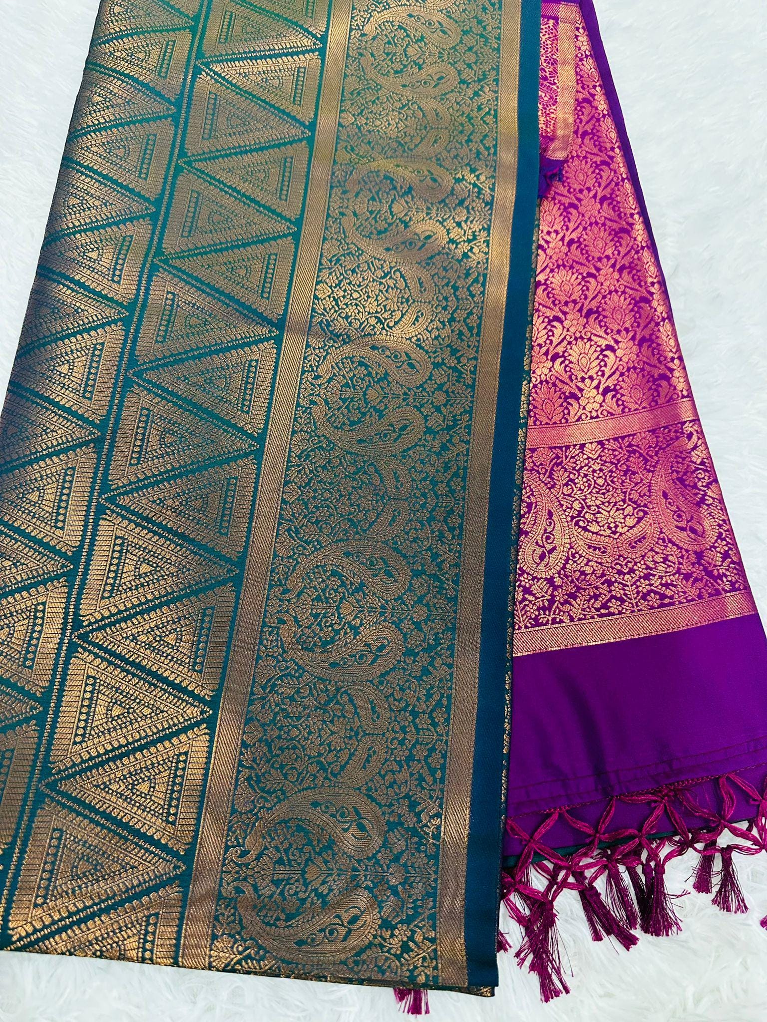 Vintage kanchipuram Semi Silk Saree with Gold Zari Work & Magenta Pallu | Festive wear - Image 1