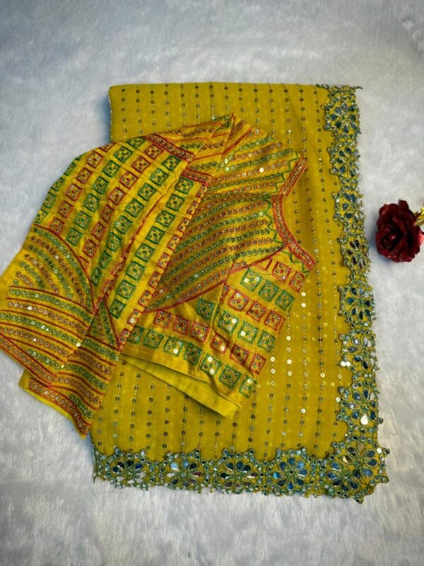Georgette Saree, Heavy Sequin & Mirror Work saree with stitched Blouse - Image 8