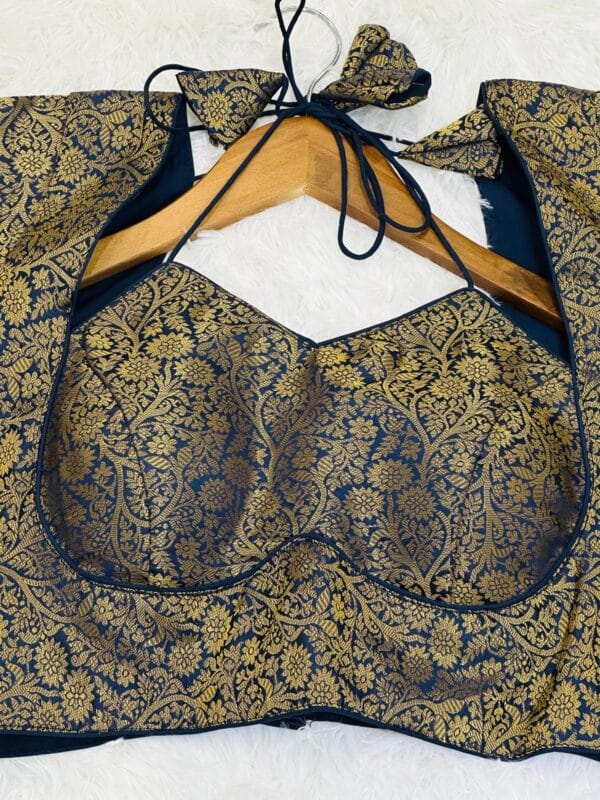 Navy Brocade readymade Blouse | Size 36 Padded Bow Tie Back