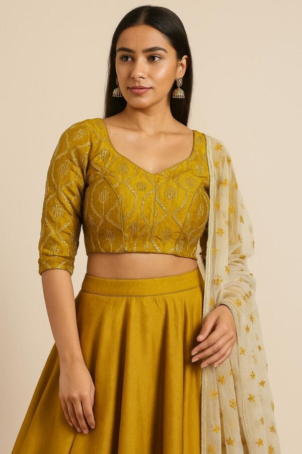 Golden Yellow Sequin Embroidered Saree Blouse | Size 34 Padded Crop Top - Image 3