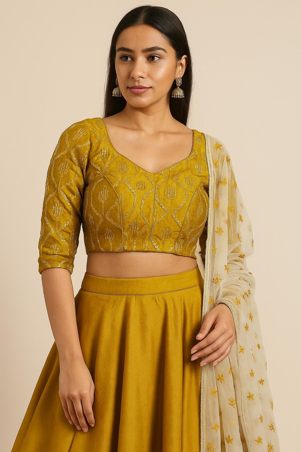 Golden Yellow Sequin Embroidered Saree Blouse | Size 34 Padded Crop Top - Image 3