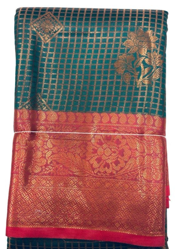 Green Red Soft Silk Saree with Embroidered Brocade unstitched Blouse | Wedding Festive Traditional wear - Image 3