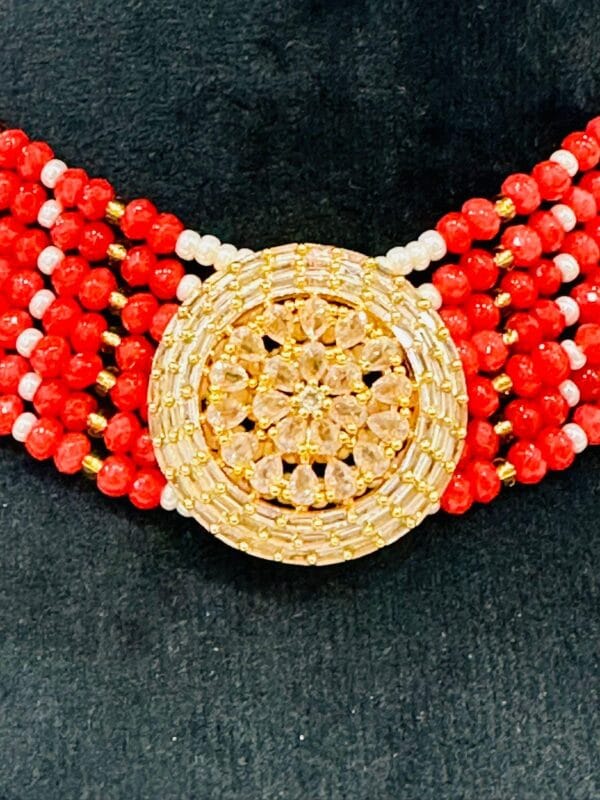 Red & White Beaded Kundan Choker Necklace Set with Gold Floral Pendant - Image 2