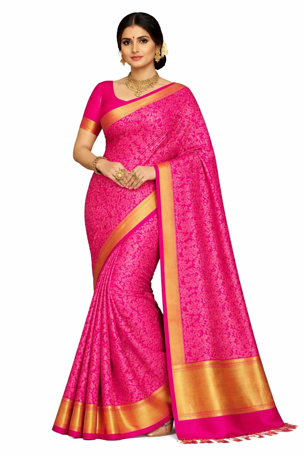 Rani Pink Bridal Kanchipuram Soft Silk Saree, Gold Zari Kodi Weave, South Indian Wedding Saree, Traditional Temple Saree, Festive Party Wear - Image 1