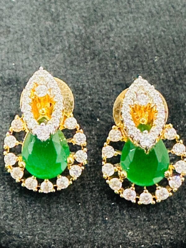 Green Stone Pendant Necklace and Earrings Set • Gold Plated CZ Jewelry • Indian Party Wear - Image 3