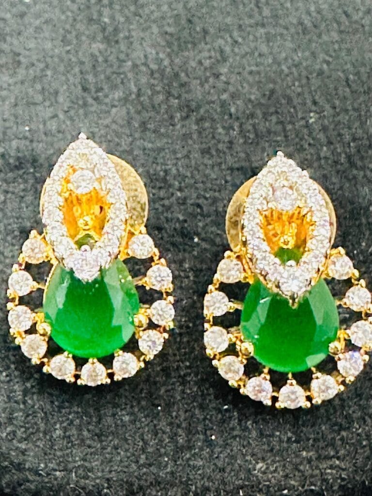 Green Stone Pendant Necklace and Earrings Set • Gold Plated CZ Jewelry • Indian Party Wear