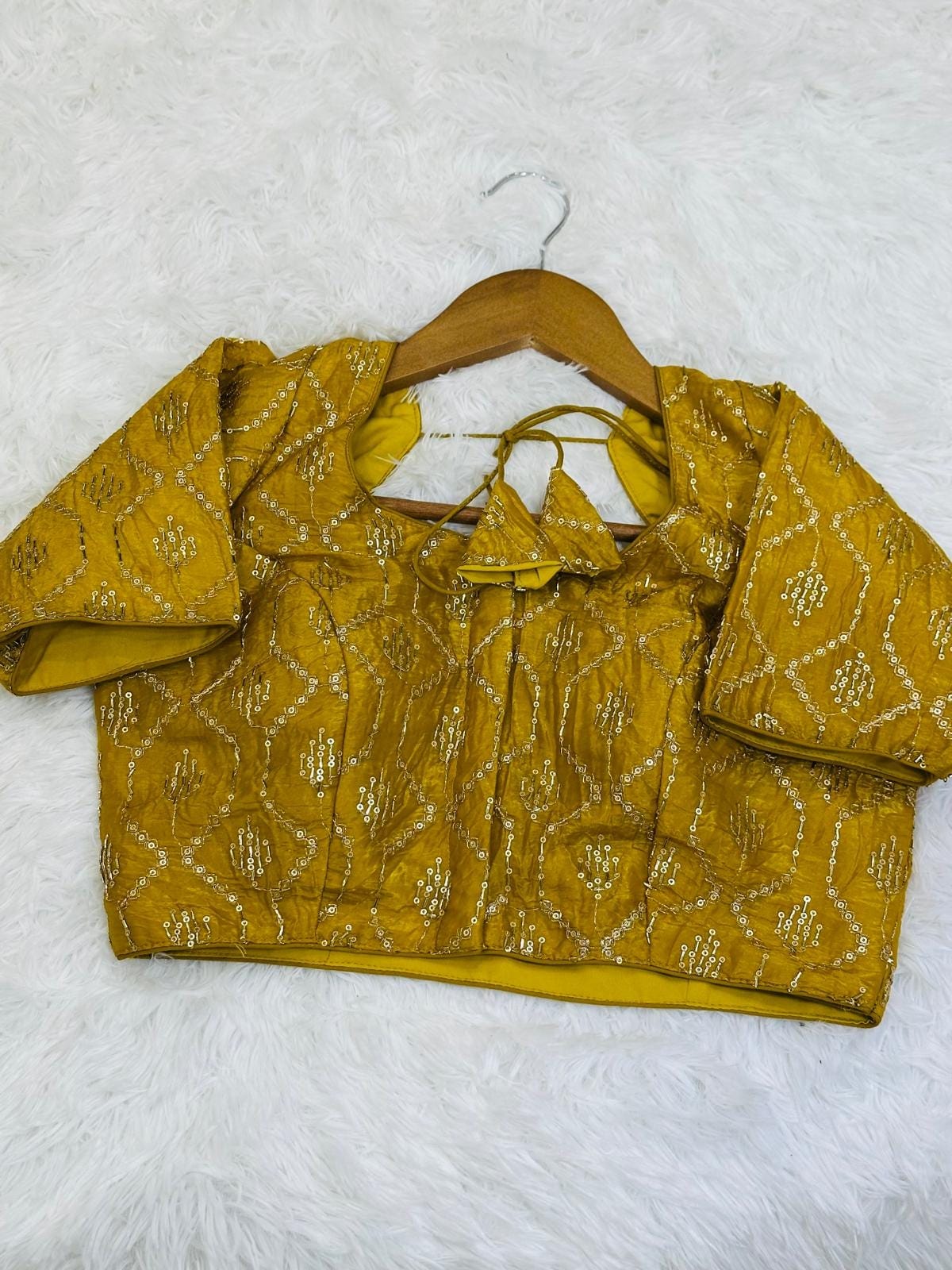 Golden Yellow Sequin Embroidered Saree Blouse | Size 34 Padded Crop Top - Image 2