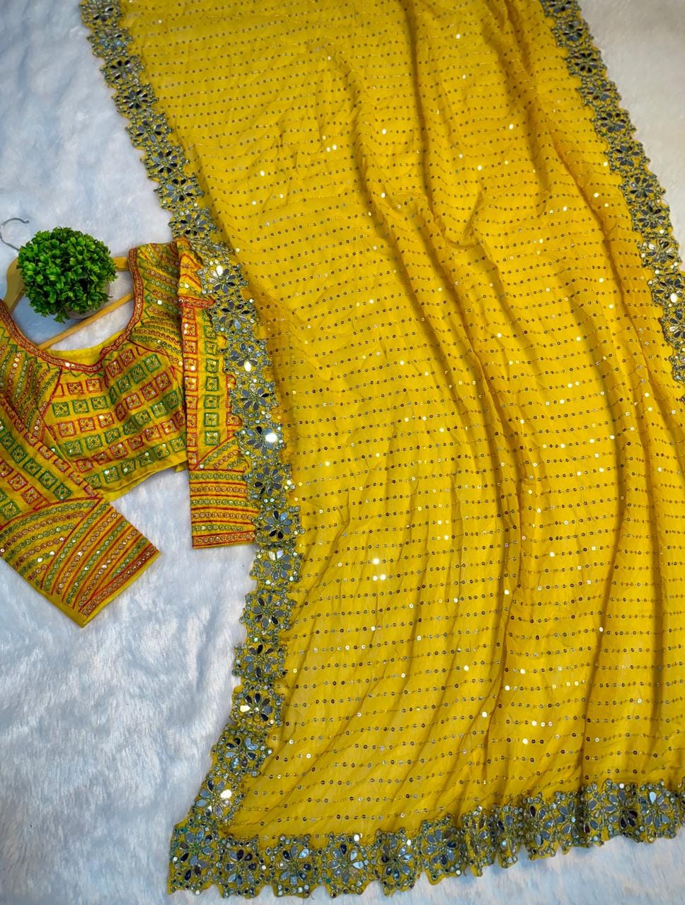 Georgette Saree, Heavy Sequin & Mirror Work saree with stitched Blouse - Image 12