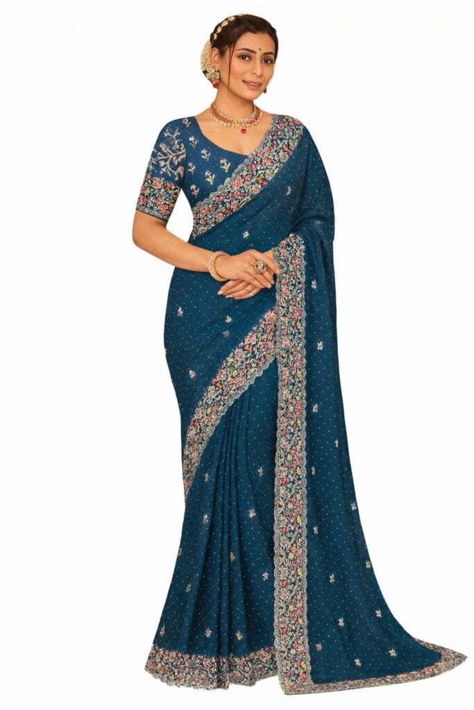 Navy Blue Space Silk Saree with Unstitched Blouse | Floral Embroidery | Designer Party Wear